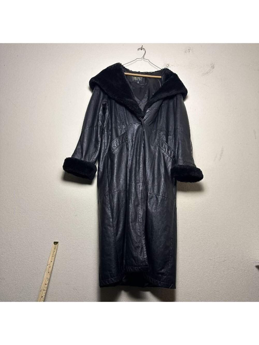 VTG Pelle Club Faux Fur Leather Hooded Trench Overcoat Jacket Men M Black Y2K